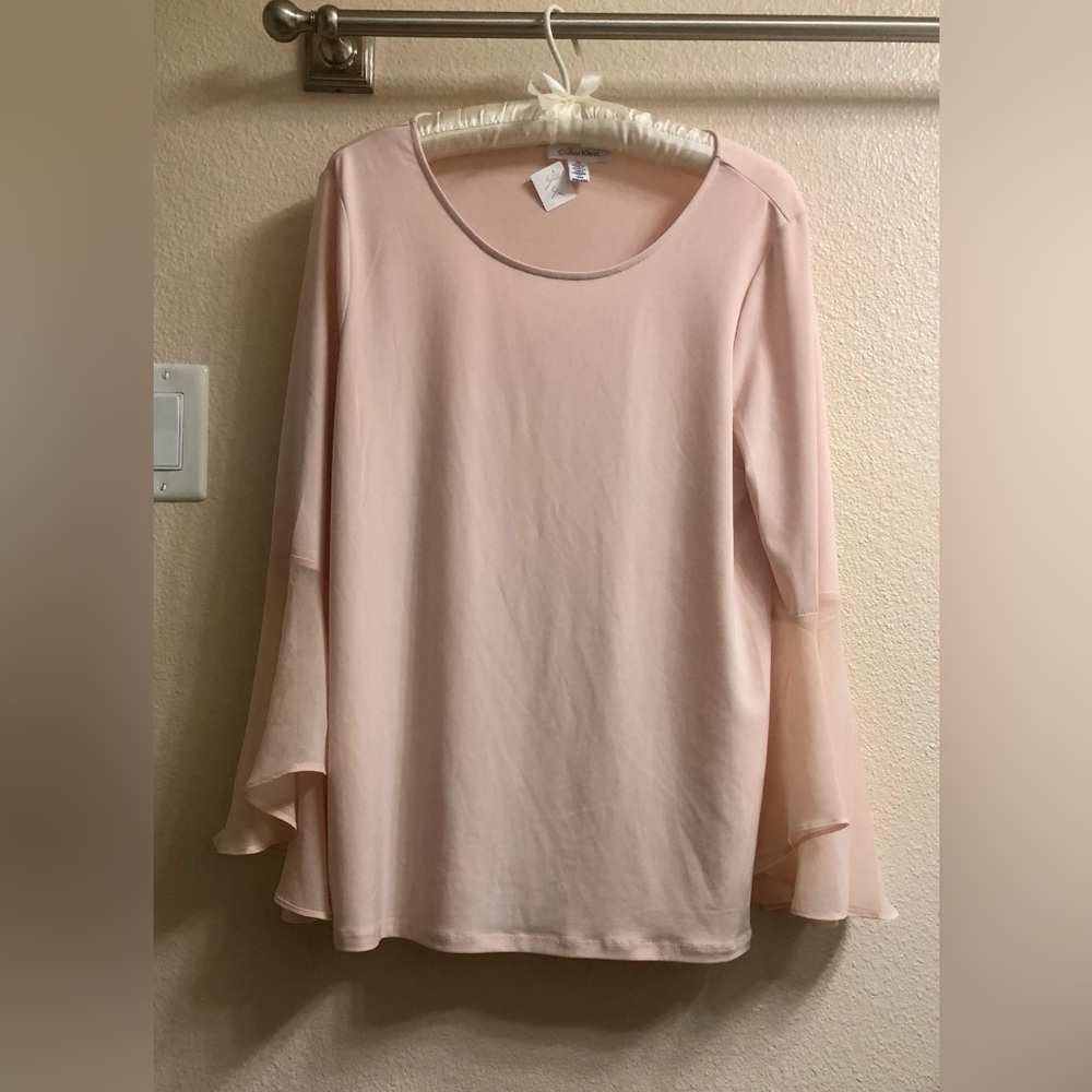 Calvin Klein Soft Blush Ruffle Bell Sleeve Blouse